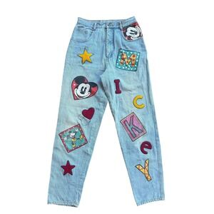 Vintage Mickey & Co Disney High Waisted Patchwork Denim Jeans Light Wash 7/8